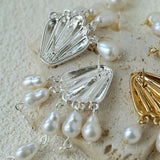 Vintage Sculptural Shell Freshwater Pearl Tassel Earrings