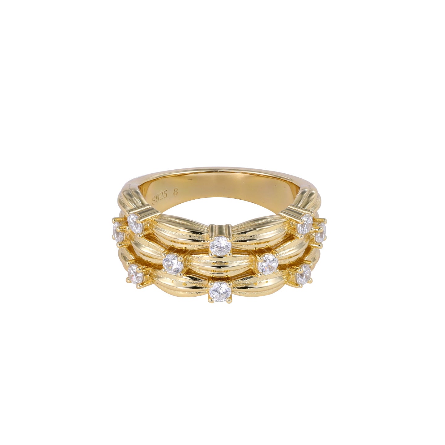 Scattered cubic zirconia ribbon statement ring on white background