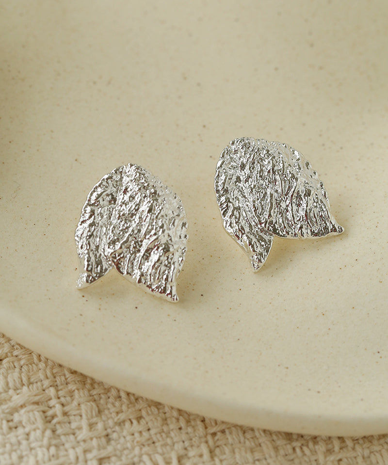 Sculptural Tulip Petal Stud Earrings - Organic Hammered Metal Bold Daily Studs