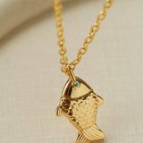 Natural Stone Bead / Plain Metal Chain Gold Fish Pendant Long Necklace
