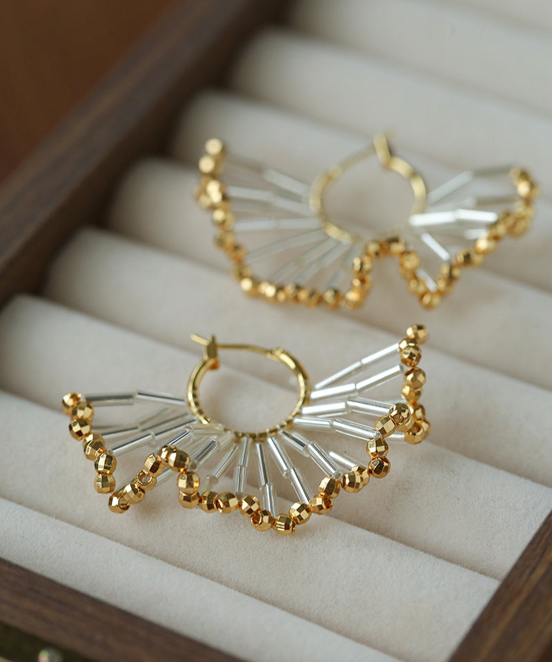 Artisanal Woven Bead Fan Hoop Earrings - 18K Gold Plated Brass & Opalite Statement Dangle Earrings