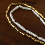 Double-Layer Baroque Stick Pearl Hammered Gold Necklace