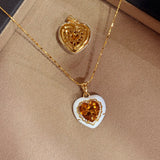 French Vintage Heart Citrine Pendant Necklace - Handcrafted 18K Gold Plated S925 Silver Choker