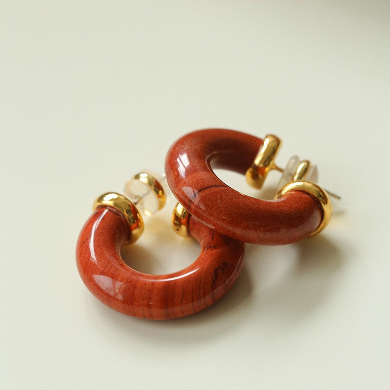 Natural Tiger’s Eye & Red Stone Hoop Earrings