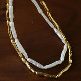 Double-Layer Baroque Stick Pearl Hammered Gold Necklace