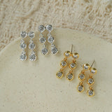 Dual Row Hammered Bezel Cubic Zirconia Tassel Drop Stud Earrings