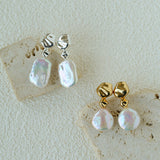 Artistic Irregular Sculpt Metal Baroque Pearl Dangle Earrings