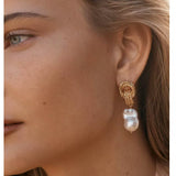Vintage Lava Textured Double Interlock Ring Pearl Drop Earrings
