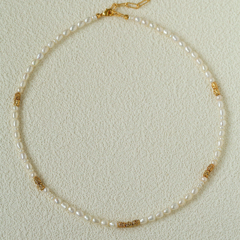 Dual-Style Lava Grain Gold Collarbone Necklace (Pearl Mix + Solid Lava Chain)