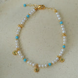 Original Design Freshwater Pearl & Blue Turquoise Tiny Flower Beaded Bracelet
