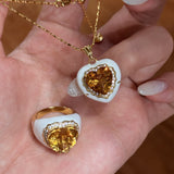 French Vintage Heart Citrine Pendant Necklace - Handcrafted 18K Gold Plated S925 Silver Choker