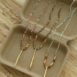 Hand‑Strung Micro‑Bead Hammered Slender Bar Pendant Necklace