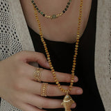Natural Stone Bead / Plain Metal Chain Gold Fish Pendant Long Necklace