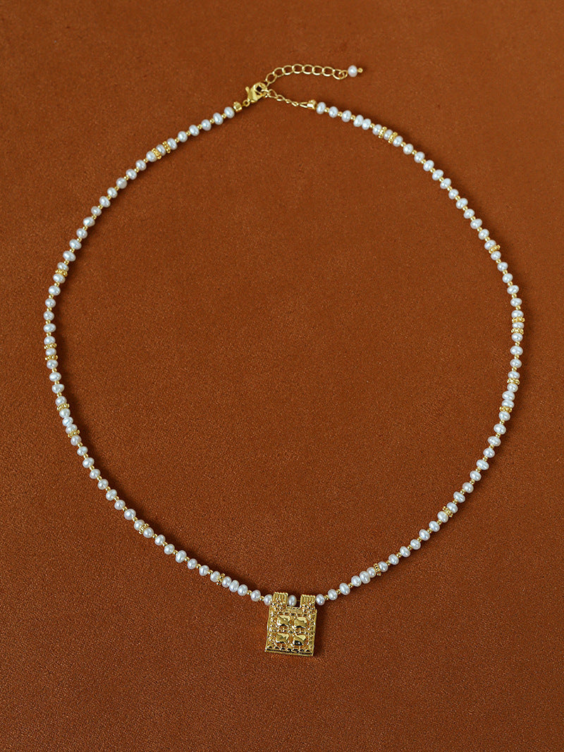 Full view of freshwater pearl square pendant necklace