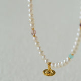 Mini Pearl & Colorful Natural Stone Saturn Pendant Necklace