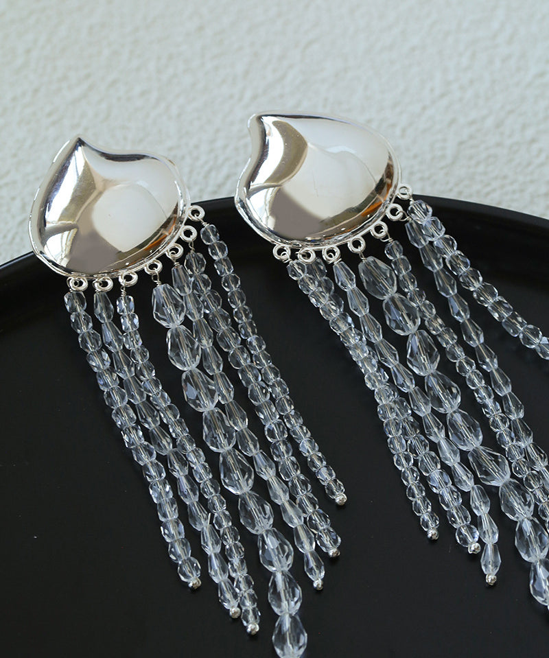 Asymmetric Polished Silver Leaf Long Tassel Earrings