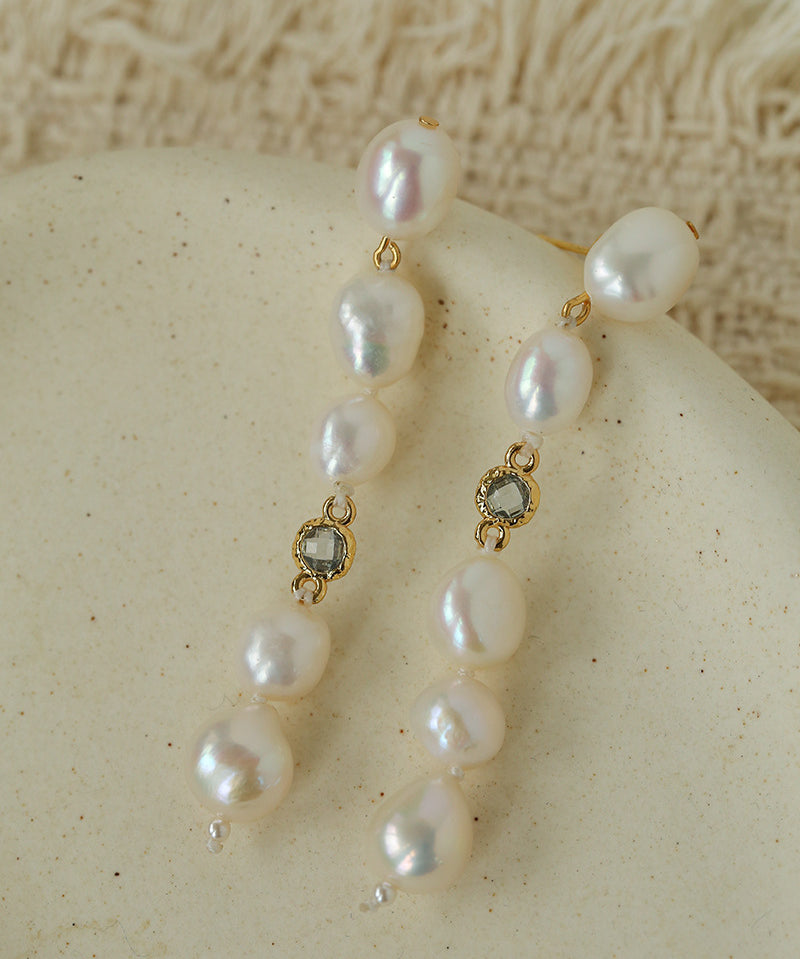 Mid-Century Aesthetic Irregular Pearl Color Zircon Drop Earrings