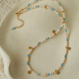Original Design Freshwater Pearl & Blue Turquoise Tiny Flower Pendant Necklace