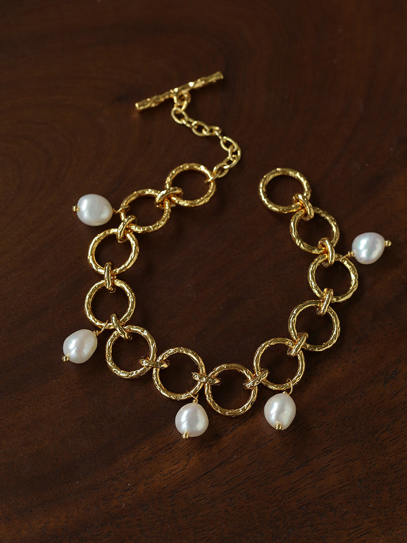 Hammered gold-tone freshwater pearl statement bracelet