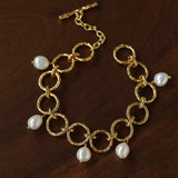 Hammered gold-tone freshwater pearl statement bracelet