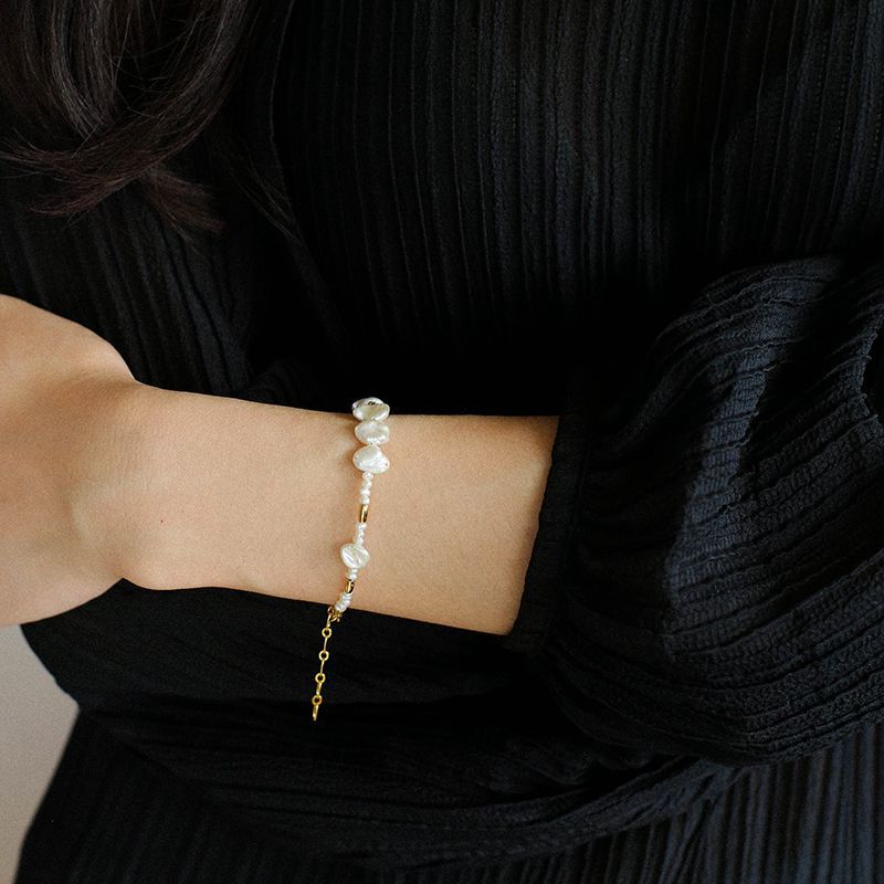 Asymmetric freshwater pearl and gold bead bracelet