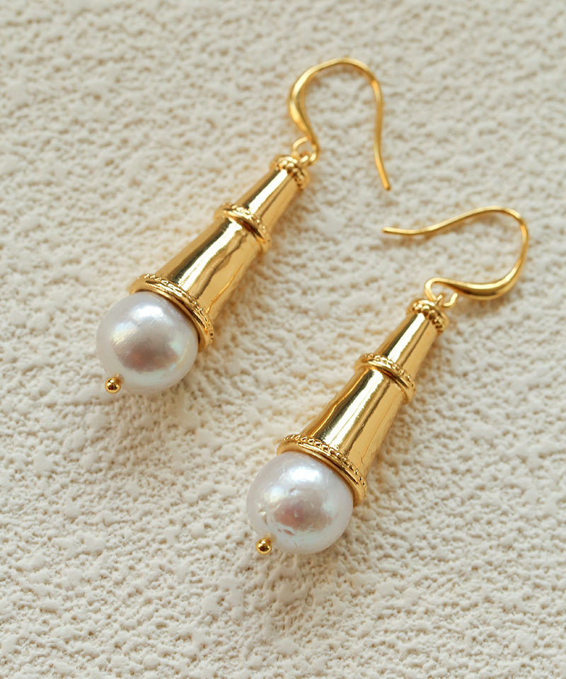 Geometric Cone Pearl & Red Agate Drop Earrings