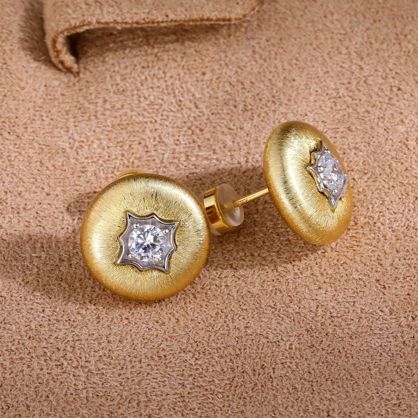Brushed starburst cubic zirconia stud earrings - front detail