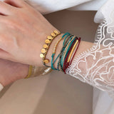 Multi-Strand Boho Woven Cord Natural Stone Coin Bracelet