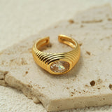 Vintage Ribbed Oval Cubic Zirconia Open Ring