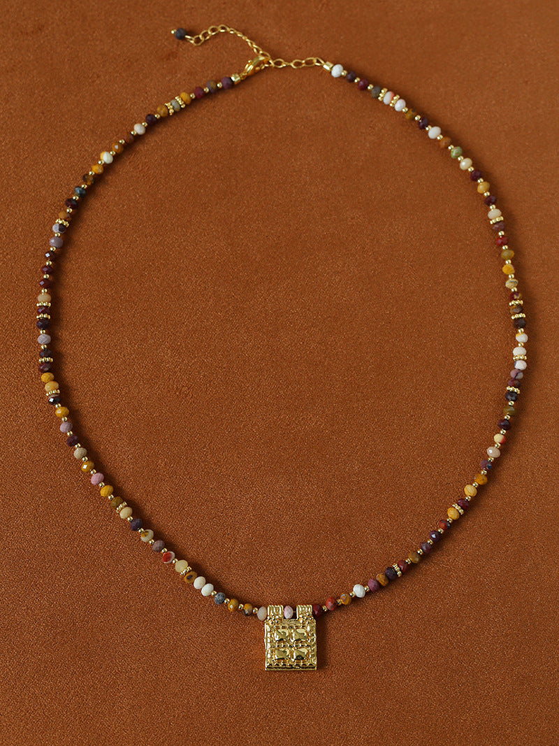 Full view of multicolor natural stone square pendant necklace