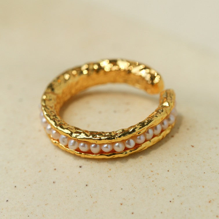 Natural Freshwater Pearl Molten Texture Open Ring