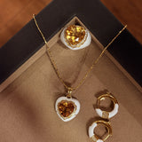 French Vintage Heart Citrine Pendant Necklace - Handcrafted 18K Gold Plated S925 Silver Choker