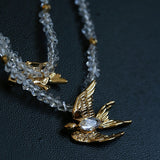 Double Layer Clear Crystal Peace Dove Pendant Necklace