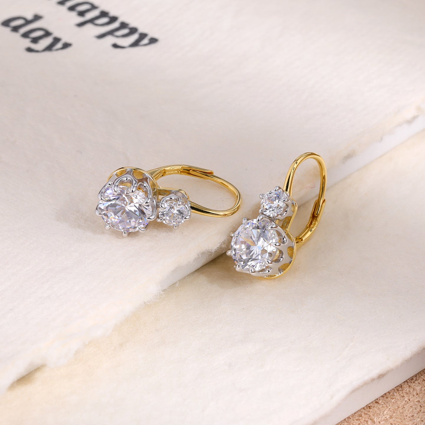Graduated Two-Stone Cubic Zirconia Leverback Earrings - alternate angle | Floysun