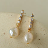 Removable Tassel & Linear Zircon Freshwater Pearl Drop Stud Earrings