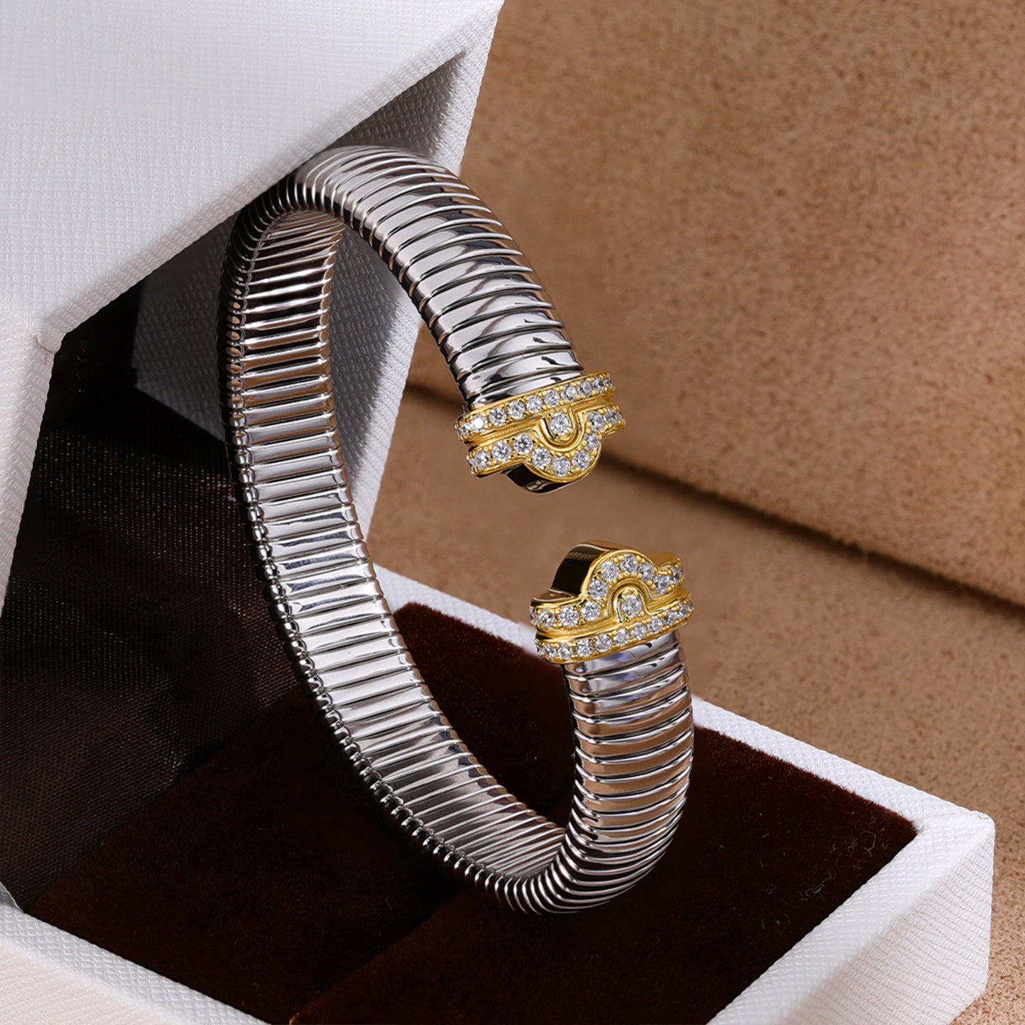 Pavé sculpted-end flexible cuff bracelet in jewelry box