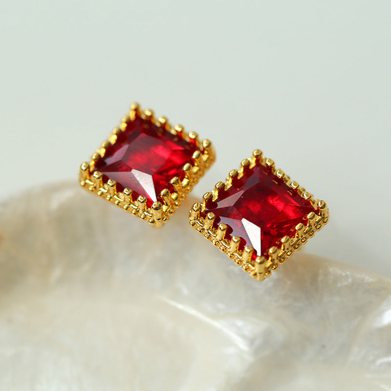 Retro Square Red and Green Zircon Earrings