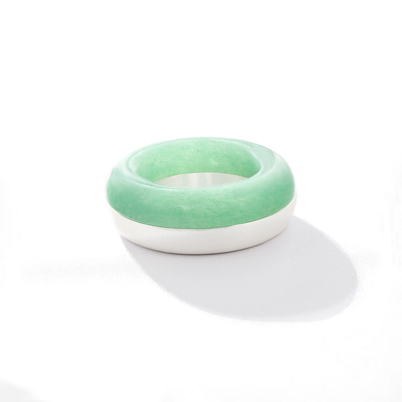 Green Aventurine Brushed Silver Band Ring | Artisan Matte Statement Ring