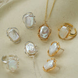 Hollow Lace Frame Baroque Pearl Stud Earrings - Silver