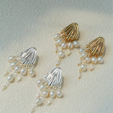 Vintage Sculptural Shell Freshwater Pearl Tassel Earrings