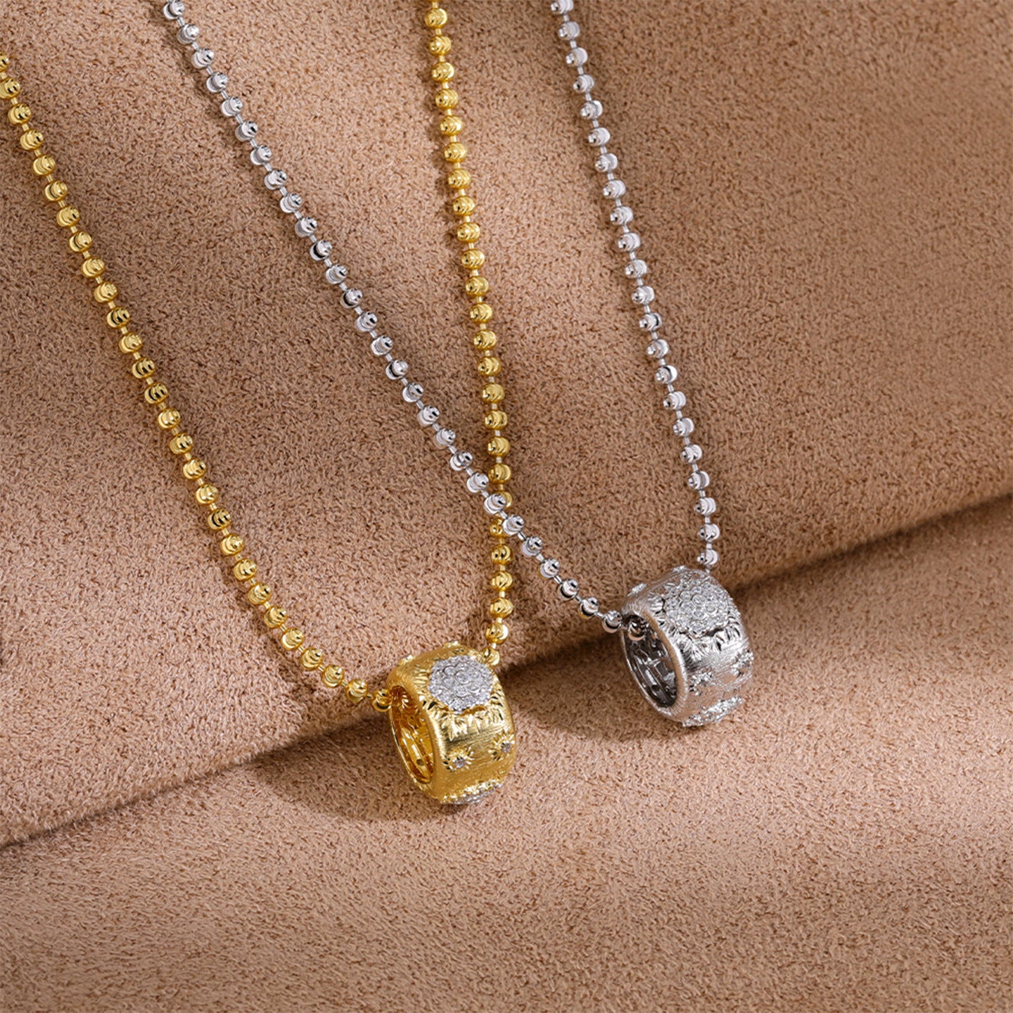 Gold and silver floral pendant necklaces - styled product view