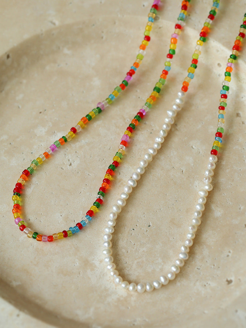 Colourful glass bead and freshwater pearl necklace style comparison