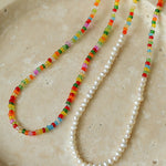 Colourful glass bead and freshwater pearl necklace style comparison
