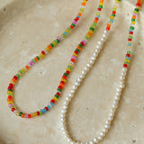 Colourful glass bead and freshwater pearl necklace style comparison