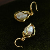 Wrapped Gold Frame Natural Baroque Pearl Drop Earrings