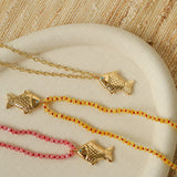 Natural Stone Bead / Plain Metal Chain Gold Fish Pendant Long Necklace
