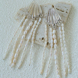 Textured Silver Vertical Stripe Shell Fringe Tassel Drop Earrings