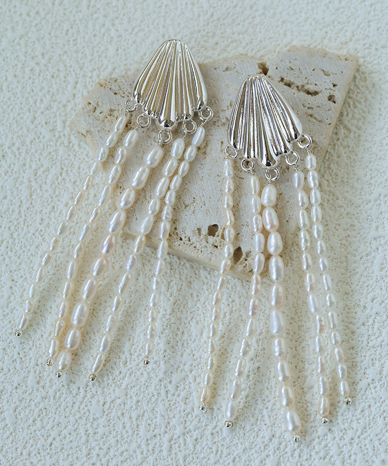 Textured Silver Vertical Stripe Shell Fringe Tassel Drop Earrings