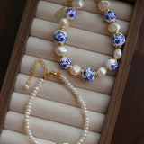 Blue and White Porcelain Freshwater Pearl Beaded Bracelet | Oriental Minimalist Luxury Jewelry