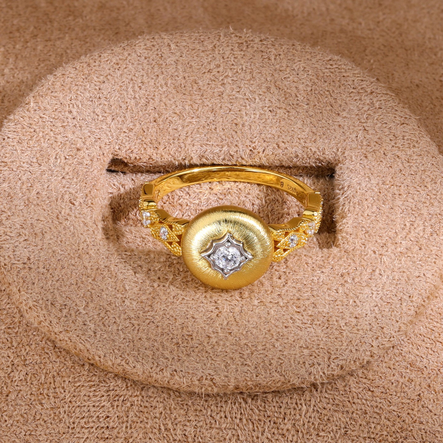 Brushed medallion statement ring - front view